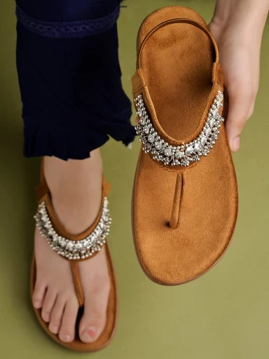 Stylestry Ethnic Wear Tan Flat Sandals For Women & Girls