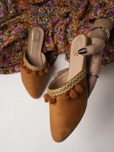 Stylestry Pom Pom Detail Pointed Toe Flat Mules For Women & Girls