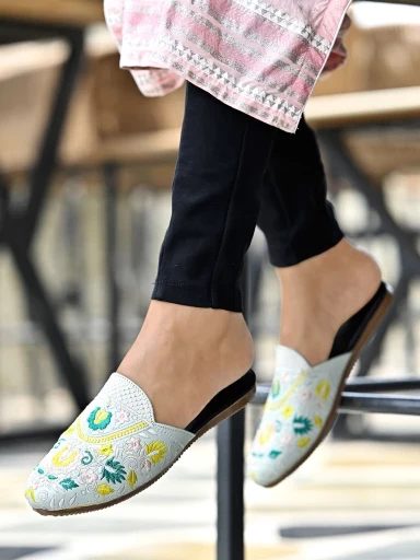 Stylestry Embroidered Detailed Green Flat Mules For Women & Girls
