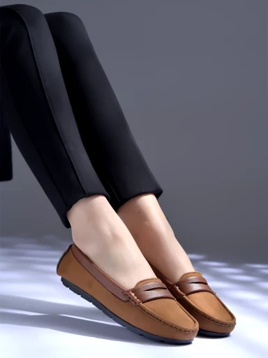 Stylestry upper Suede Detailed Tan Loafers For Women & Girls