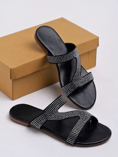 Stylestry Studded Cross Strap Black Flats For Women & Girls