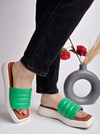 Stylestry Solid Striped Green Flatform Sandals For Women & Girls