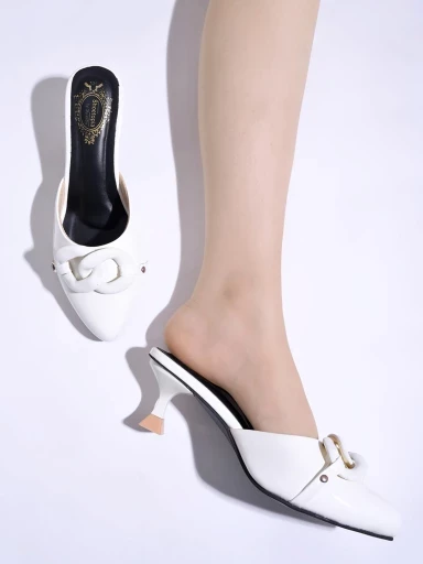 Stylestry Pointed Toe and Chain Detailed White Pumps For Women & Girls