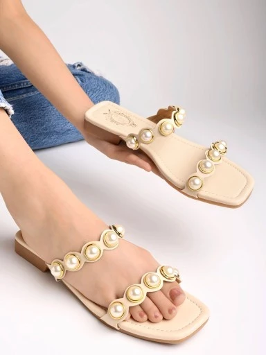 Stylestry Faux Pearl Décor Cream Slip-on Flat Sandals for women