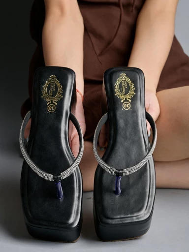Stylestry Embellished Rhinestones Strap Black Platform Heels For Women & Girls