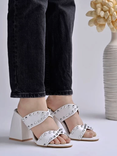 Stylestry Stunning Stud Detailed White Block Heels For Women & Girls