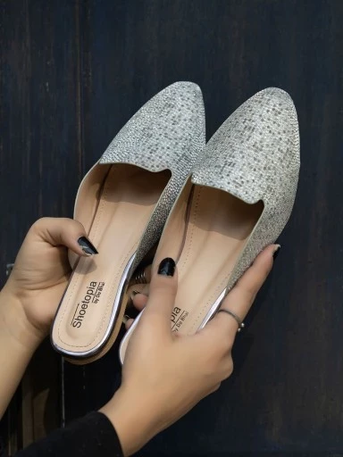 Stylestry Embellished Silver Flat Mules For Women & Girls