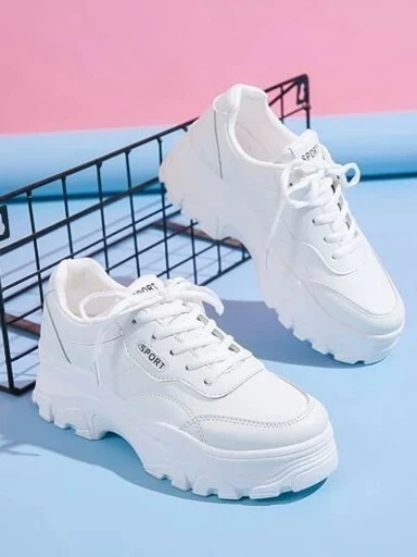 Shoetopia Lace-up Detail White Chunky Sneakers For Women & Girls
