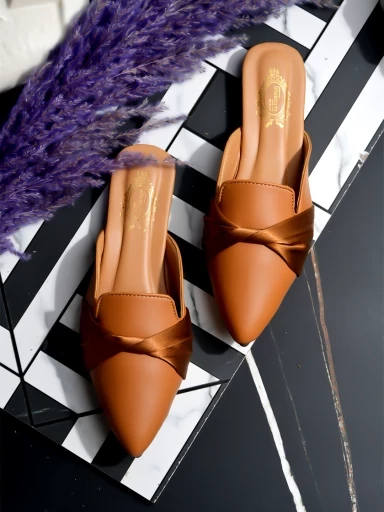 Stylestry Solid Pointed Toe Tan Flat Mules For Women & Girls