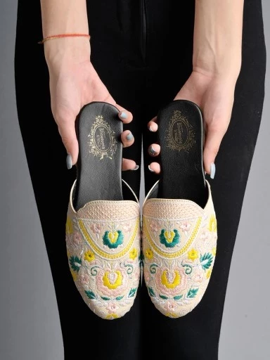 Stylestry Embroidered Detailed Cream Flat Mules For Women & Girls