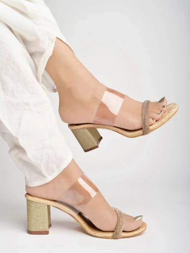 Stylestry Embellished Strap Golden Block Heels For Women & Girls