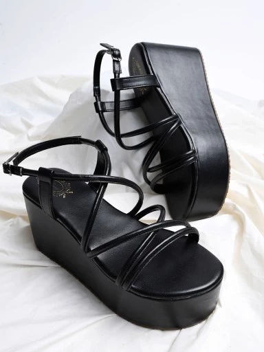 Shoetopia Multi Straps Casual Black Flatforms For Women & Girls