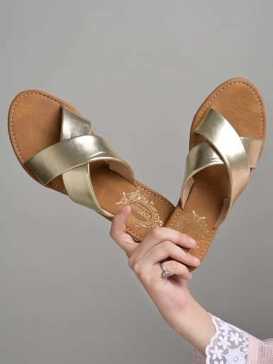 Stylestry Embellished Cross Strap Golden Flats For Women