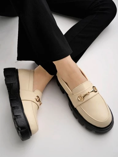 Shoetopia Smart Casual Chain Detailed Cream Loafers For Women & Girls