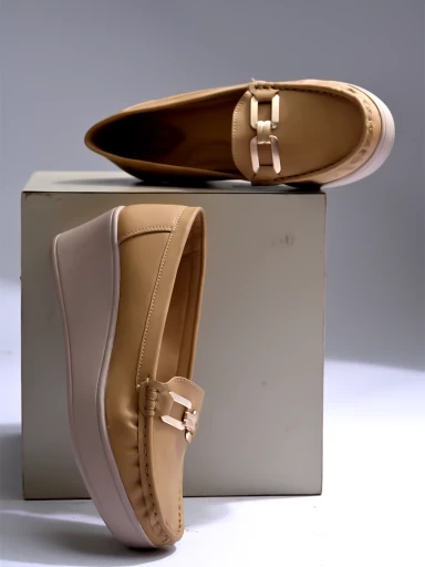 Stylestry Upper Buckle Detailed Tan Loafers For Women & Gilrs