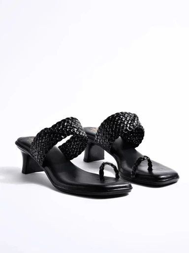 Stylestry Braided One Toe Black Block Heels For Women & Girls