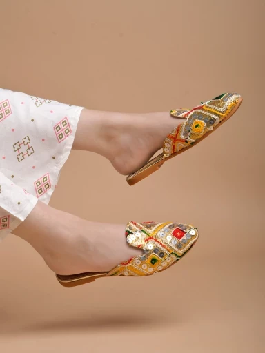 Stylestry Ethnic Gold Flat Mules For Women & Girls