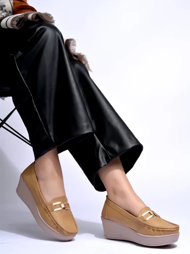 Stylestry Upper Buckle Detailed Tan Loafers For Women & Gilrs