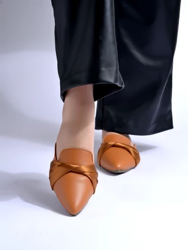 Stylestry Solid Pointed Toe Tan Flat Mules For Women & Girls
