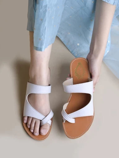 Stylestry Buckle Detailed White Flats For Women & Girls