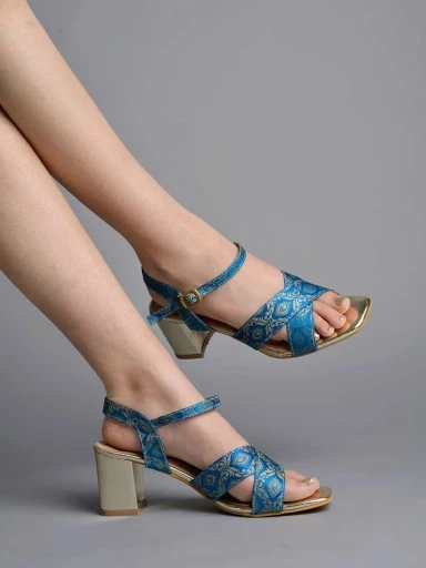 Stylestry Gold-Toned Printed Design Blue Block Heeled Sandals For Women & Girls