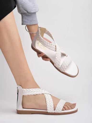 Stylestry Braided Upper Wrap Strap White Flat Sandals For Women & Girls