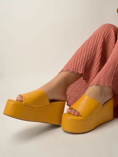 Shoetopia Fashionable Solid Yellow Platform Heels For Women & Girls