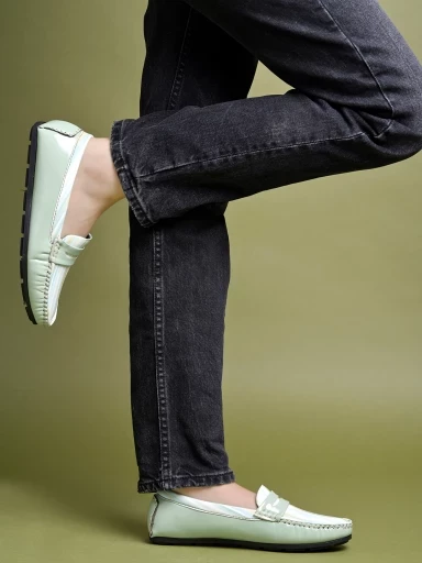 Stylestry upper Strip Detailed Green Loafers For Women & Girls