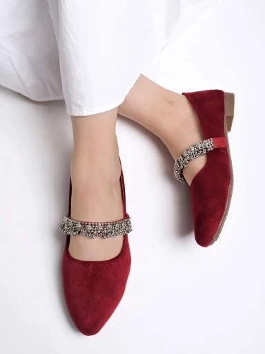 Shoetopia Embellished Slip-On Maroon Bellies For Women & Girls