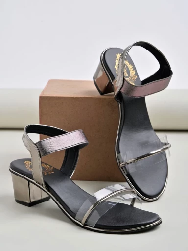 Stylestry Rhinestone Detailed Grey Shiny Block Heeled Sandals For Women & Girls