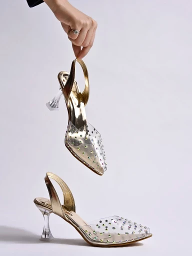 Shoetopia Stylish Western Embellished Golden Heels For Women & Girls