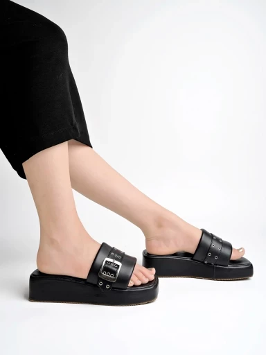 Stylestry Upper Buckle Detailed Black Platform Heels For Women & Girls