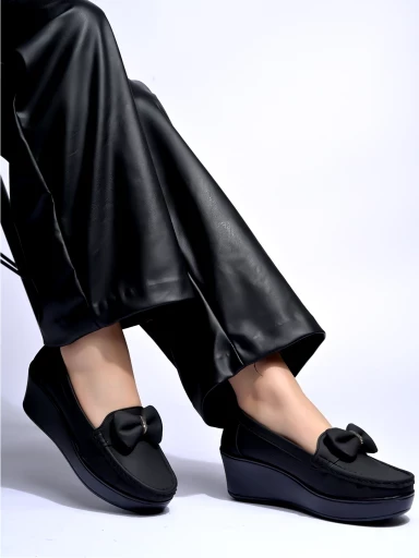 Stylestry Upper Bow Detailed Black Loafers For Women & Gilrs