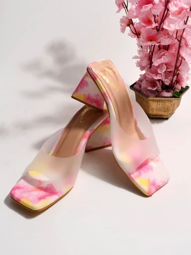Stylestry Trendy Casual Party Wear Festive Comfortable Square Toe Rainbow Print White Block Heels  For Women & Girls