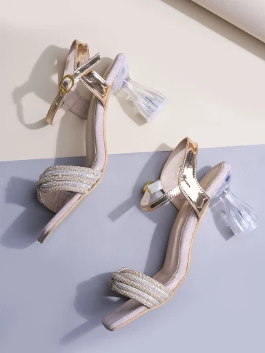 Stylestry Embellished Rhinstone Rose-Gold Heeled Sandals For Women & Girls
