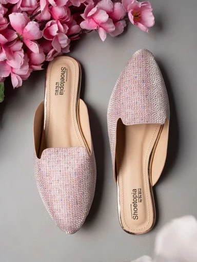Stylestry Embellished Pink Flat Mules For Women & Girls