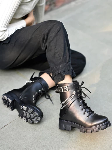 Shoetopia silver plain cool chain detailed Black Ankle Boots For Women & Girls