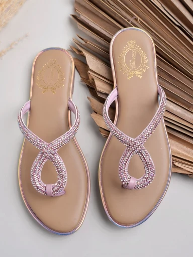 Stylestry Embellished Rhinestone thong Pink Flats For Women & Girls