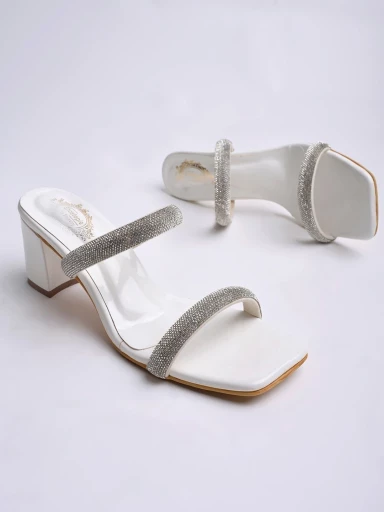 Stylestry Embellished Rhinestones Strap White Heels For Women & Girls