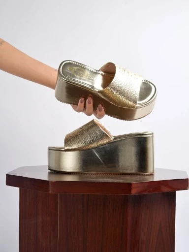 Stylestry Embellished Sequence Detailed Golden Platform Heels For Women & Girls