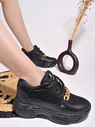Stylestry Chain Detailed Black Sneakers For Women & Girls