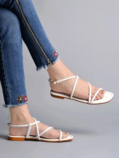 Stylestry Crossover Back Strap White Flat Sandals For Women & Girls