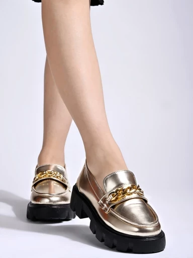 Shoetopia Smart Casual Chain Detailed Golden Loafers For Women & Girls
