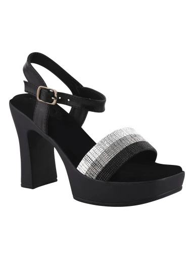 Stylestry Embellished Black Sparkle Block Heeled Sandals For Women & Girls