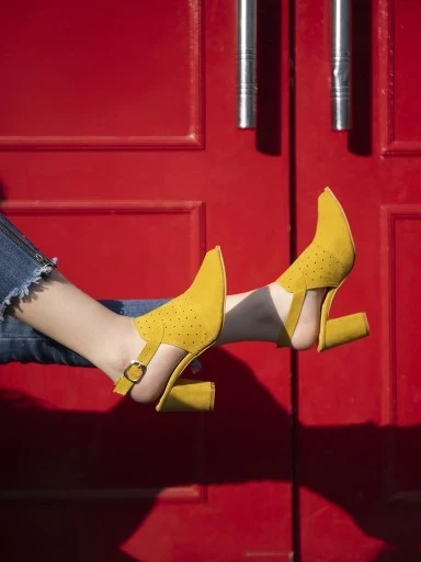 Stylestry Womens & Girls Yellow Laser Cuts Peep-Toed Heeled Mules