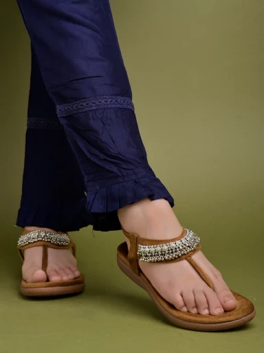 Stylestry Ethnic Wear Tan Flat Sandals For Women & Girls