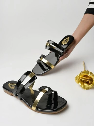 Stylestry Statement Black & Golden Slip-On Flats For Women & Girls