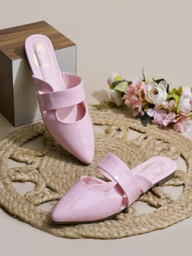 Stylestry Solid Pointed Toe Pink Flat Mules For Women & Girls