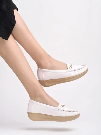 Stylestry Upper Metalic Buckle Detailed White Loafers For Women & Girls
