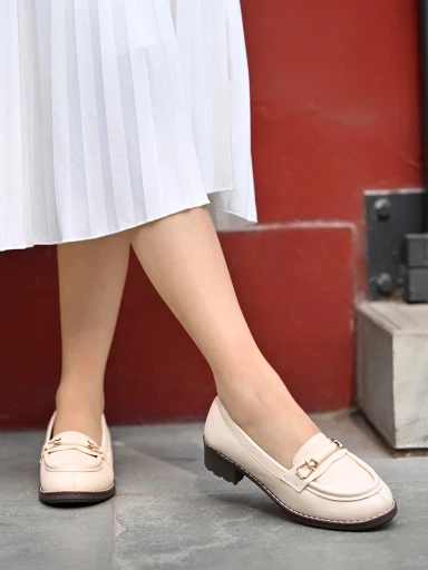 Stylestry upper Buckle Detailed Cream Loafers For Women & Gilrs